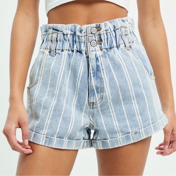 PACSUN Paperbag Denim Mom Shorts Striped High Rise Size XS - Picture 1 of 11